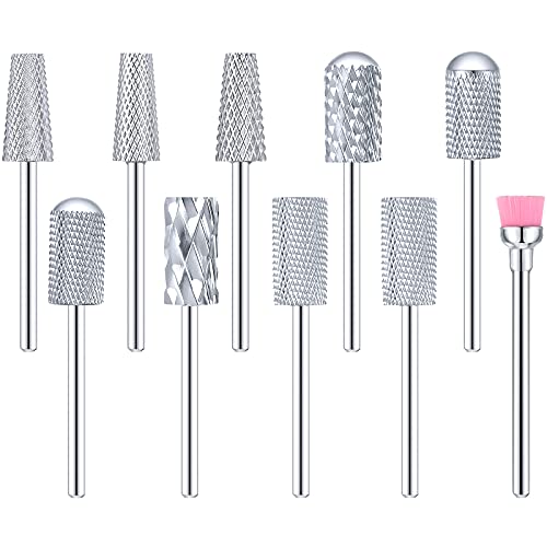 10 Pieces Nail Drill Bits Set, 3 Pieces Cone Tapered Barrel Carbide Nail Cuticle Drill Bit, 3 Pieces Flat Top Large Barrel Carbide Bit, 3 Pieces Round Top Large Barrel Head Nail Carbide Bit (Silver) - Silver