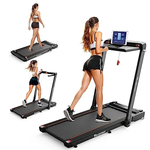 Hccsport Treadmill with Incline, 3 in 1 under desk Treadmill Walking Pad with Removable Desk Workstation 3.5HP Foldable Compact walking Treadmill for Home Small Office with Wristband Remote Control