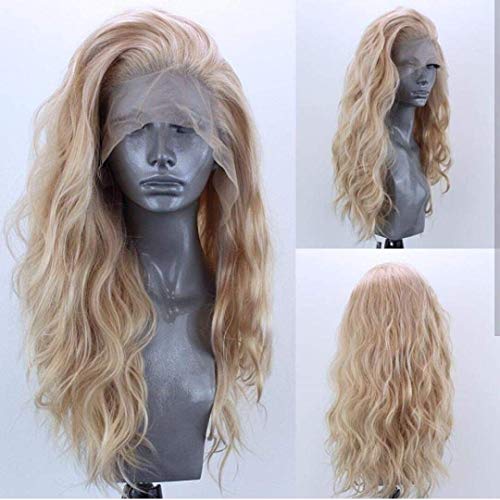 ELESTY Long Natural Curly Glueless Lace Front Wig Gloden Blonde Synthetic Lace Front Wigs for Women Left Part Glueless Heat Resistant Fiber Hair Daily Party Wig - B-T Curly