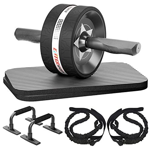 EnterSports Ab Rollers Wheel Kit, Exercise Wheel Core Strength Training Abdominal Roller Set with Push Up Bars, Resistance Bands, Knee Mat Home Gym Fitness Equipment for Abs Workout - Black