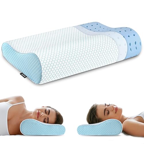 Memory Foam Pillows Neck Pillow Bed Pillow for Sleeping Ergonomic Cervical Pillow Orthopedic Contour Pillow for Side Back Stomach Sleeper - Blue - Queen(23.6*14*4.9inches)