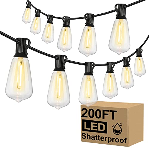 Brightever Outdoor String Lights 200FT Waterproof, Patio String Lights for Outside with 100+4 ST38 Shatterproof LED Filament Bulbs, Dimmable Hanging Lights for Christmas, Party, Cafe (2-Pack 100FT) - 2700K Warm White - 200FT