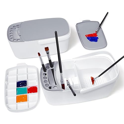 GAMENOTE Paint Brush Cleaner - Paint Brush Holder with Palette and Handle,Rinser for Acrylic, Watercolor, and Water-Based Paints, Painting Art Supply Storage Organizer (White+Grey) - White