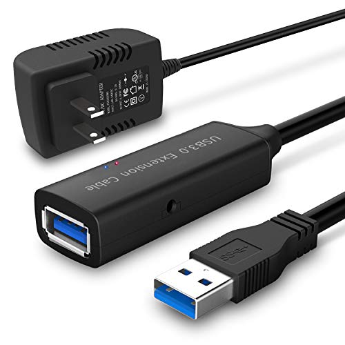 RSHTECH USB 3.0 Active Extension Cable 32 Feet with 5V 2A Power Adapter, USB 3.0 Extender Male to Female Cord with Built-in Signal Booster Chips for Xbox, PS4, USB Printer, Mouse, Keyboard, etc - 50ft/15M+5V 2APower adapter