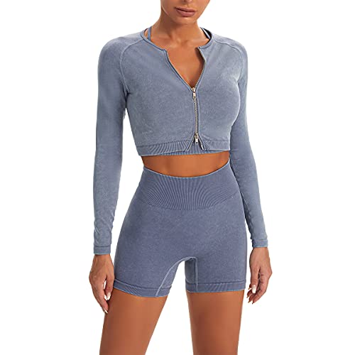 IWEMEK Women Seamless Yoga Outfits 2 Piece Workout Short Sleeve Crop Top with High Waisted Running Shorts Sets Activewear - Zipper-blue Grey - Small