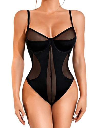 Kaei&Shi Sexy Mesh Bodysuit, Demi Bra, High Cut, Snap Crotch, Corset Top - Black - 4-6