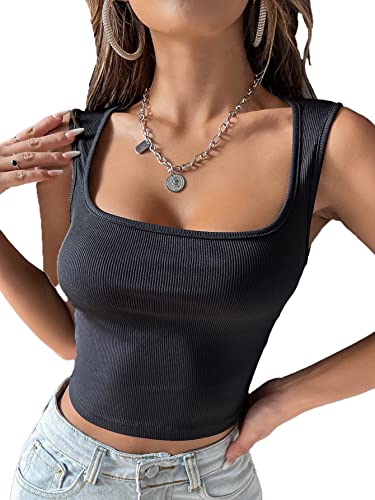 Verdusa Women's Square Neck Sleeveless Ribbed Knit Slim Fitted Tank Crop Top - Small - Black
