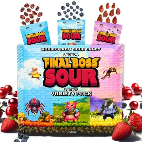 Final Boss VIP Sampler Pack - Sour Candy - 18 Pouches of Sour Strawberries, Blueberries, and Cranberries - 3 Level Sour Challenge - Level One 3-Pack