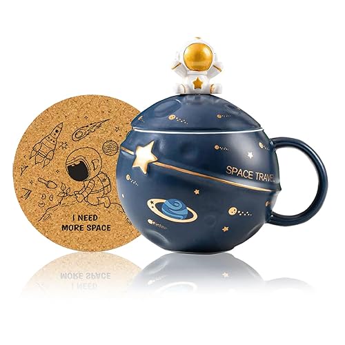 Yalucky Kawaii Astronaut Cup Space Embossed Planet Mug, Cute Ceramic Coffee Mug, Novelty Mug with Lid and Spoon for Coffee, Tea, Milk, Aesthetic Room Decor Funny Gift for Girl Boy Women (Dark blue) - Dark Blue