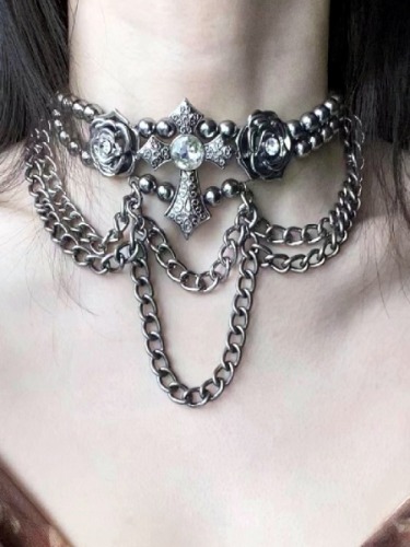 Gothic Cross Roses Details Metal Choker