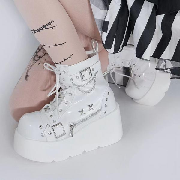 [$57.00]White Platform Ankle Boots Silver-toned Grommet Studs Buckle Straps Martens