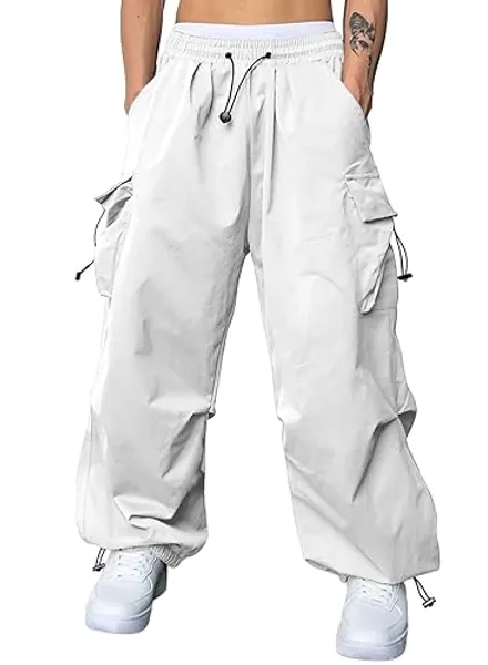 JMIERR Men's Baggy Cargo Pants Trendy Casual Parachute Pant Loose Fit Harem Joggers with Pockets for Streetwear - Large - A2 Snow White