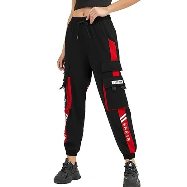 MEINVQIAOTI Black Cargo Pants for Women Straight Hip-hop and Thin Casual Techwear Women Baggy Pants - Large - Red