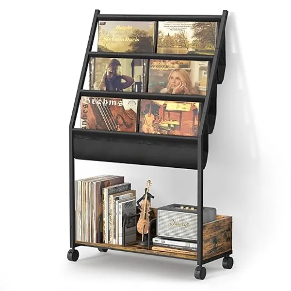 Keebofly Vinyl Record Storage, Record Holder Up to 200 Albums, Record Stand with 3 Tier Vinyl Holder Display Shelf, Movable Vinyl Storage Organizer Rack, Record Cabinet for Book Magazine Turntable - Black&Rustic Brown-Large