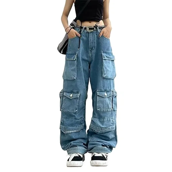 Women's Baggy Cargo Pants Y2K Clothing Multi-Pocket Relaxed Fit Jeans Fairy Grunge Clothes Alt Emo Streetwear - Large - Blue Jeans