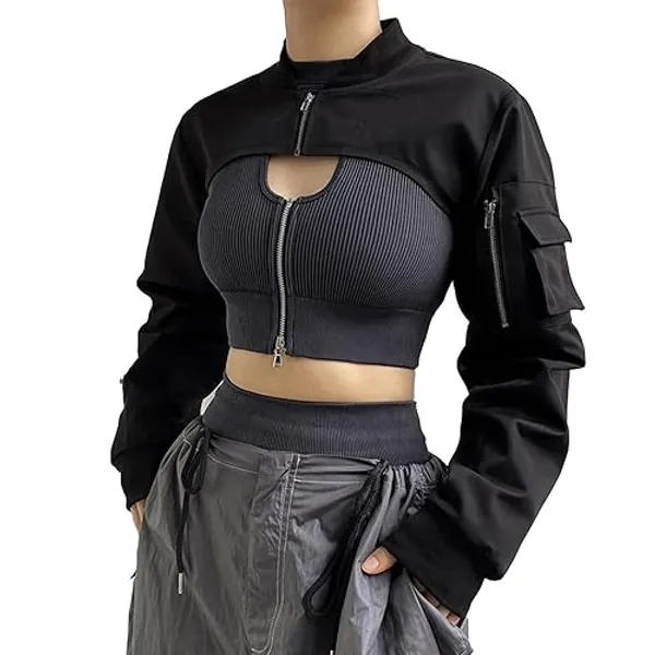 Ypser Reflective Rave Top Crop Top Shrug Techwear Shirt Rave Outfits For Women - Medium-Large - Black