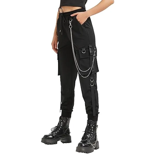 MEINVQIAOTI Black Cargo Pants for Women Techwear Women Loose Street Rock Style Casual Black Pants with Chain Goth Pants - Large - Black