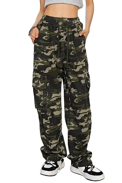 HVEPUO Camo Pants Women High Waisted Wide Leg Casual Y2K Camoflage Cargo Pants Baggy Elastic Waist Straight Jeans Trousers - Green Camo2 - Large