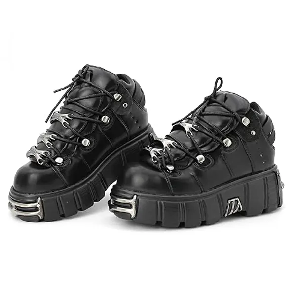 Kluolandi Women's Metal Platform Goth Boots Punk Style Lace-up Combat Boots Ankle Bootie Black Gothic Biker Boots - 10 - Black
