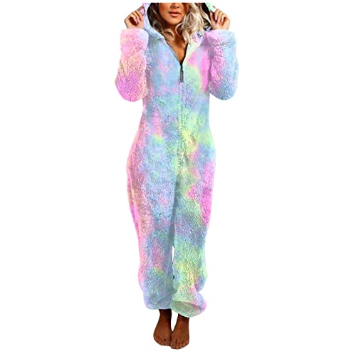 Aniywn Adult Fleece Onesie Pajamas for Women Tie Dye Print Costume Jumpsuit Romper Hoodie Jumpsuit Pajamas Homewear - Medium - Pink