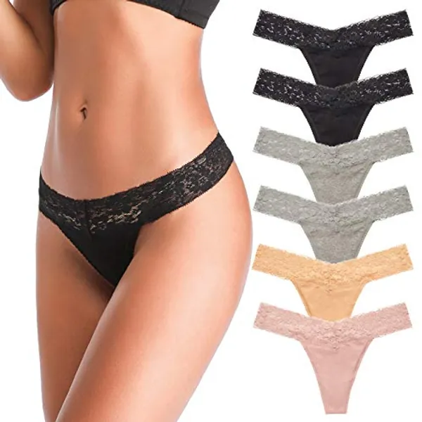 ANNYISON Women's Thongs, T Back Low Waist See Through Panties Cotton Seamless Lace Thongs for Women - Medium - Multicoloured a - 6 Pack