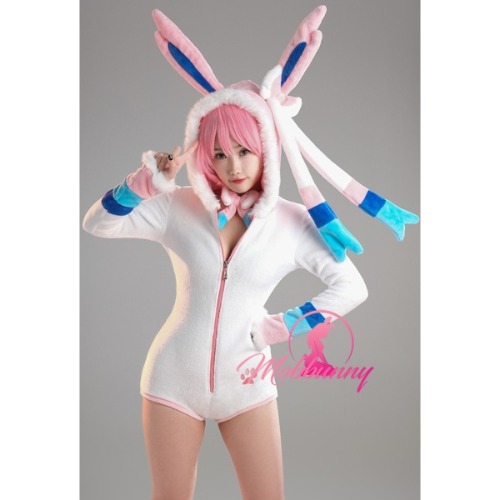 US $42.01 | Sylveon Derivative Sexy Fluffy Hooded Bodysuit Deep V Kawaii One Piece Lingerie Rompers with Choker and Socks cosplay costumes