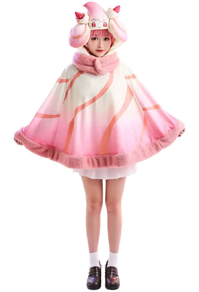 Kawaii Plush Cloak Pink Short Hooded Cape with Bowknot Scarf for Cosplay