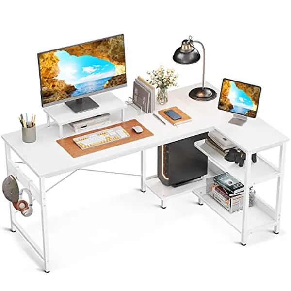ODK 58 Inch L Shaped Computer Desk with Reversible Storage Shelves, L-Shaped Corner Desk with Monitor Stand for Small Space, Modern Simple Writing Study Table for Home Office Workstation, White