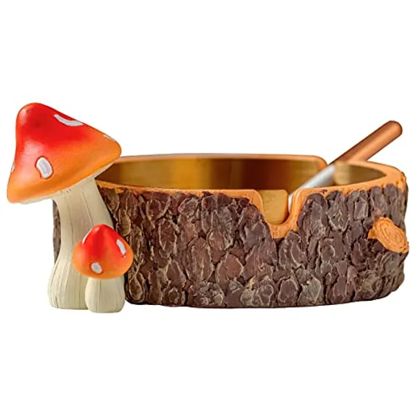 Cute Mushroom Ashtray with Stainless Steel Tray for Cigarette, Natural Resin Ash Tray for Indoor or Outdoor use, Ash Holder for Home and Garden Decor (Large)