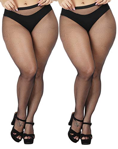 TGD Women's Fishnet Stockings Tights Pantyhose Net Plus Size Thigh High Stocking 2*Pairs - Medium-3X-Large - Black(2 Pairs)