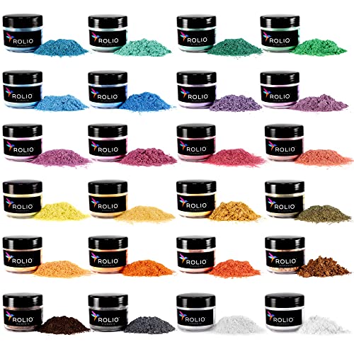Rolio Mica Powder Pearlescent Color Pigment - Art Set for Resin Epoxy - for Soap Making, Nail Polish, Lip Gloss, Eye Shadow, Slime & Candle Jars - 10g, 24 Jars - Pastel Set - 24 Pastel Set