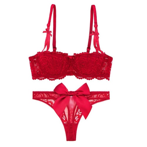 LXXSH Sexy Lace Half Cup Push Up Lingerie Set Underwire and Padded Bra Bow Thong Bra Set (Color : Red, Size : 70A) - 70A Red
