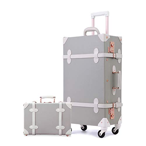 Unitravel 2 Piece Vintage Luggage Sets TSA Approved Carry On Suitcase with 12inch Train Case for Women (Light Grey) - Grey - 20"+12"