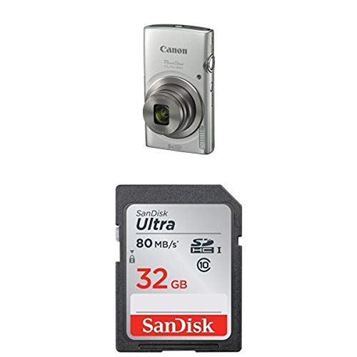  Canon PowerShot ELPH 180 Digital Camera (Silver) and SanDisk 32GB Memory Card - Silver - w/ 32GB Memory Card