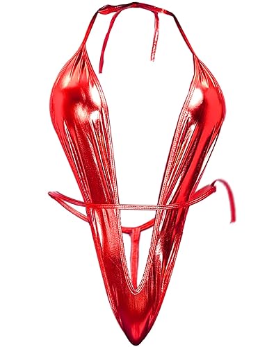 Taube Women Teddy Deep V Halter Lingerie Sleeveless Sling Tops Satin Bodysuit Corset Bodysuit Top - Red