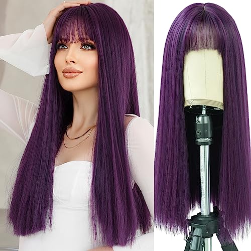 7JHH WIGS Dark Purple Wig With Bang For Women 23in Long Straight Synthetic Wig For Girl Emo Cosplay And Daily Use - Purple