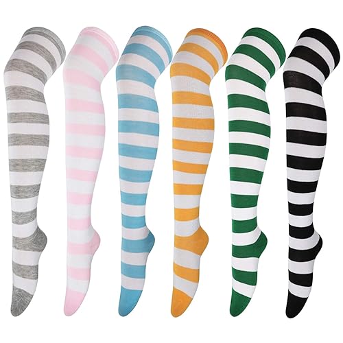DRESHOW 6 Pairs High Thigh Socks Striped Over Knee Thin Tights Long Stocking for Women Leg Warmer - High Thigh - 6 Pairs: Black, Blue, Pink, Orange, Gray, Green a