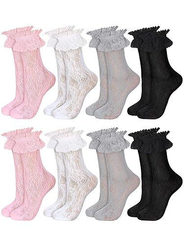 Fourluoo 8 Pairs Women Lace Socks Ruffle Frilly Ankle Women Cute Lolita Lace Trim Socks - 5-9 - 4 Colors