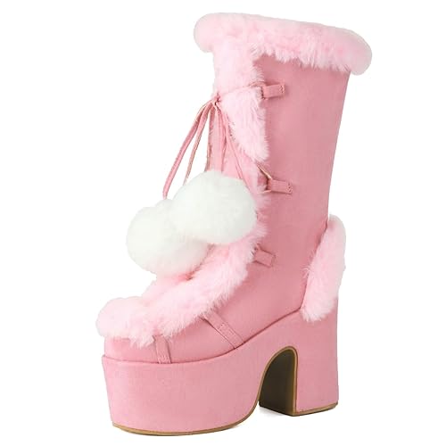 Parisuit Womens Faux Fur Platform Snow Boots Goth Mid Calf Combat Boots Lace Up Chunky Heel Winter Furry Boots - 8 - Pink