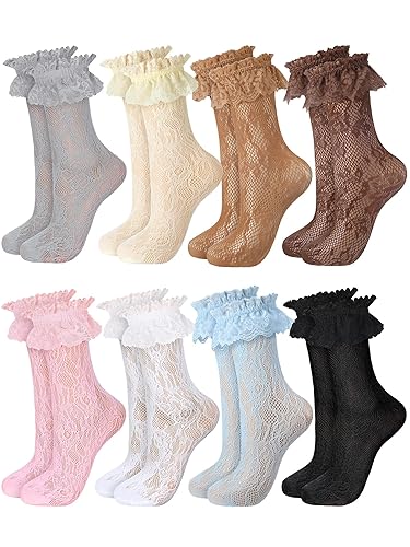 Fourluoo 8 Pairs Women Lace Socks Ruffle Frilly Ankle Women Cute Lolita Lace Trim Socks - 5-9 - 8 Colors