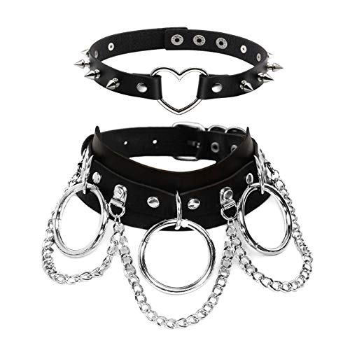 Manfnee Cool Punk Gothic Collar for Women and Men Black PU Leather Vingate Necklace Adjustable - E:2pcs
