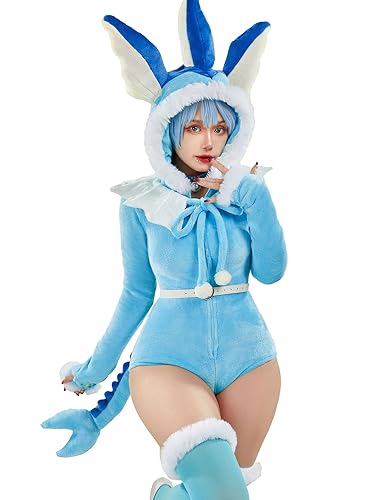 Mobbunny Women Onesie Pajamas Halloween Christmas Sleepwear Animal Romper Fuzzy Blue Loungewear Fluffy Hooded Homewear - Small - Sky Blue