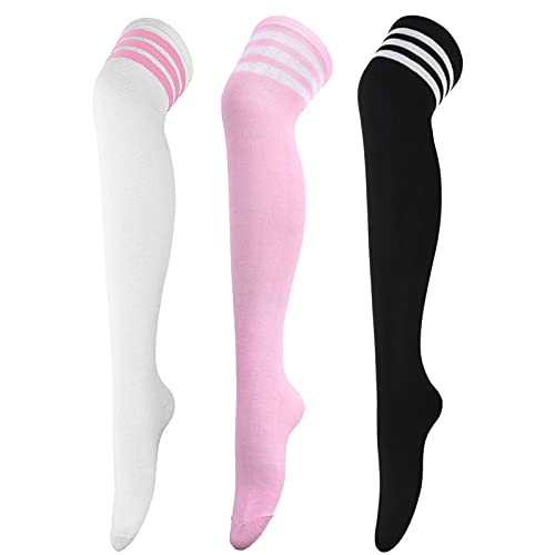 DRESHOW 3 Pairs Thigh High Socks Striped Over Knee Thin Tights Long Stocking Knee High Leg Warmer - 3 Pairs C: White/Pink/Black