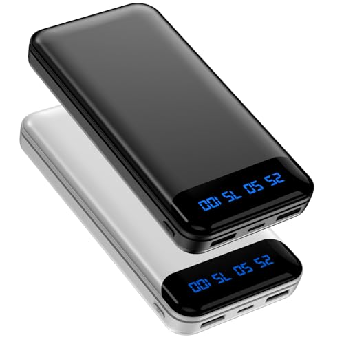 Enerwow Power Bank, 2-Pack 16000mAh Portable Charger 3A Fast Charging, Slimest Battery Pack Phone Charger with LED Display, PowerBank with 2 USB Outputs Compatible for iPhone, Samsung and More - Black + White
