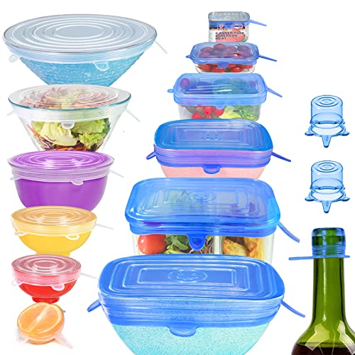 longzon Silikondeckel, 15er Set Verschiedenen Größen Dehnbar Silikondeckel Stretch Deckel Wiederverwendbar für SchüSseln, TöPfe, GläSer, Dosen, Becher, Bierflasche - Rund+Rechteckig - Rond+Rectangulaire