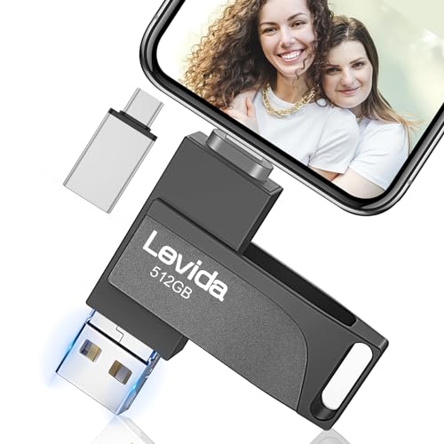 USB Stick 512GB für Phone,Levida Speicherstick,Photostick,Externer Speicher 4 in 1,Fotostick 3.0,Flash Drive für Handy,iOS,Android,Pad,Laptop,Pc(Mobile Memory,Automatic Photo Backup),Helles Schwarz - 512 GB - Helles Schwarz