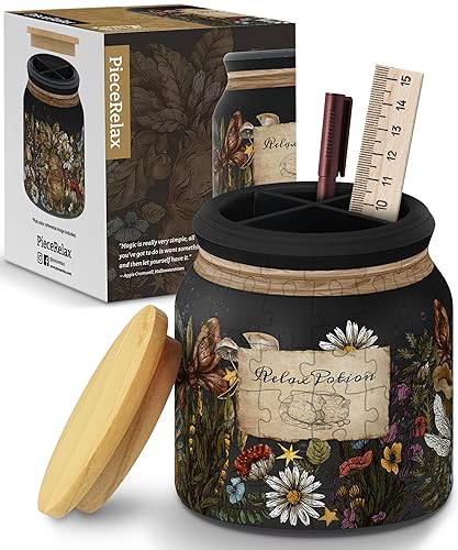 PieceRelax 3D Puzzle Jar 96 Plastic Pieces for Adults - Relax Potion - Use Includes Divider as Pen and Utensils Holder with Wooden Lid for Kitchen Dining Study Living Room Large [BB1041]