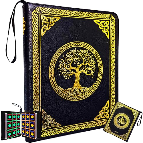 Bindablu 9 Pocket Card Binder - Tcg Binder 900 Cards Collection Albums with 50 Removable Sleeves - Card Holder - Premium Vegan Leather - Gold Foil Celtic Runes