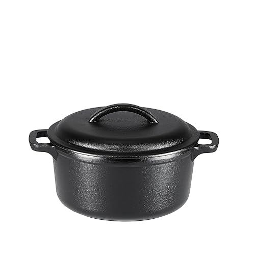 Amazon Basics Round Pre-Seasoned Cast Iron Mini Dutch Oven Pot with Lid and Dual Handles, 2-Quart, Black - 2-Quart