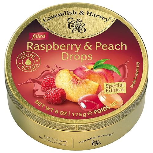 Cavendish & Harvey | Raspberry & Peach Filled Hard Candy Drops | 6 Ounce Tin - Raspberry,Peach - 6 Ounce (Pack of 1)